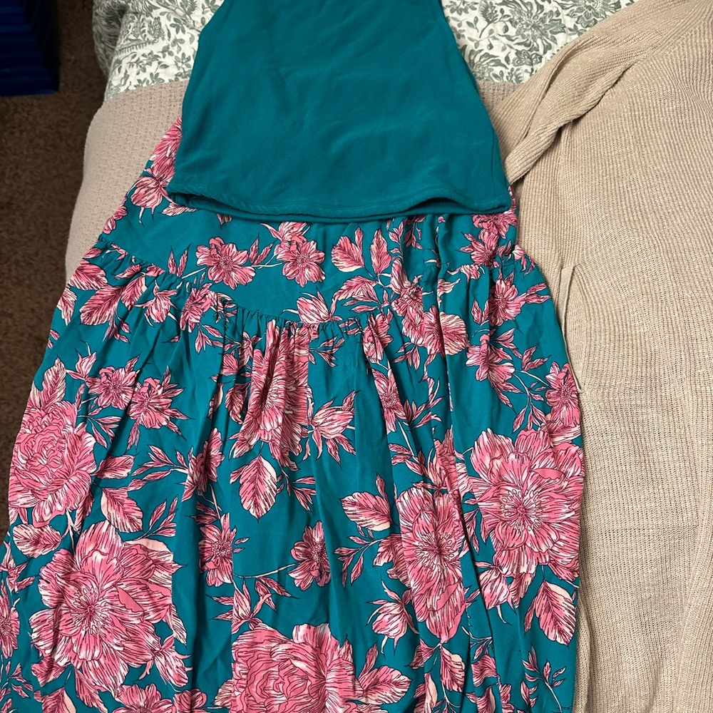 Teal Halter Dress with Pink Floral Pattern